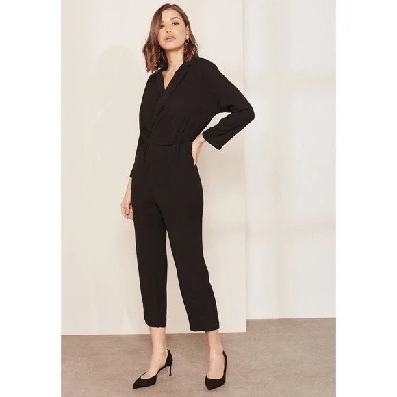 J. Crew 365 fabric faux wrap 3/5 sleeve black jumpsuit size 4 - Picture 2 of 8